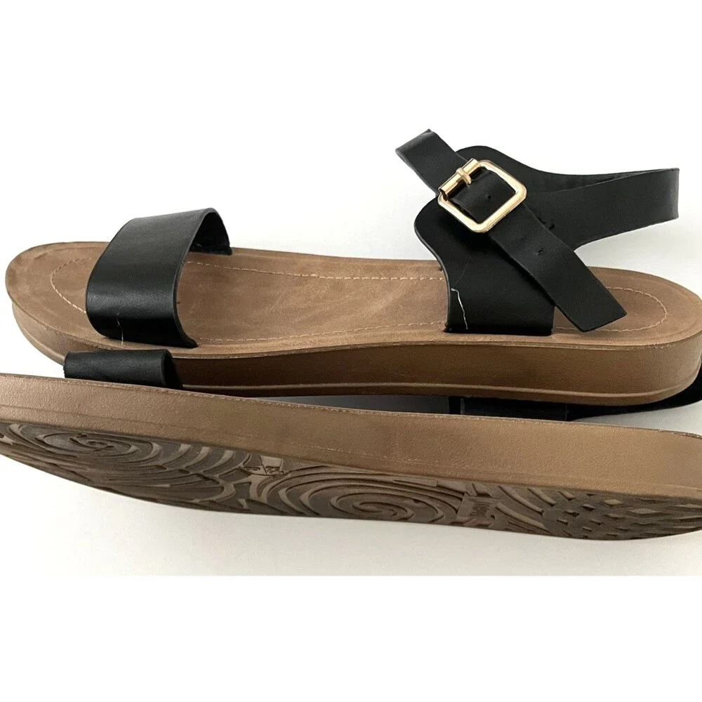 Bamboo Womens Classic Sandals Black/Brown Strappy Size 8 Flat Minimalist Modern